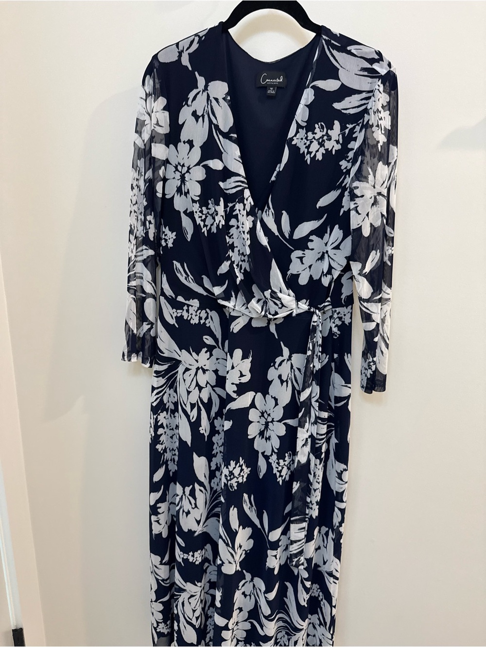 connected apparel Navy and White Floral Wrap Maxi Dress